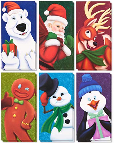 Product Cover 36-Pack Merry Christmas Greeting Cards - Xmas Money and Gift Card Holder Cards in 6 Christmas Character Designs - Bulk Assorted Winter Holiday Cards Box Set with Envelopes Included, 3.6 x 7.25 Inches