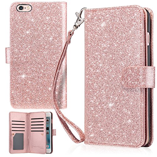 Product Cover UrbanDrama iPhone 6 Plus Case, iPhone 6S Plus Wallet Case, Glitter Shiny Faux Leather Magnetic Closure Credit Card Slot Cash Holder Protective Case for iPhone 6 Plus, iPhone 6S Plus 5.5 Inch Rose Gold