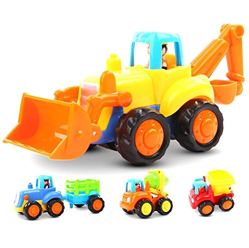 Product Cover GoStock Friction Powered Cars Push and Go Construction Vehicles Toys Set of 4 Tractor,Bulldozer,Cement Mixer Truck,Dumper Push Back Cartoon Play for 1 2 3 Years Old Boys Toddlers Kids Gift