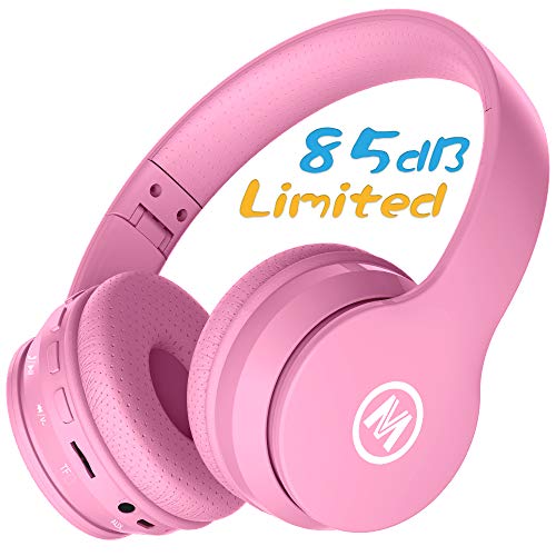 Product Cover Mokata Volume Limited 85dB Kids Headphone Bluetooth Wireless Over Ear Foldable Stereo Sound Noise Protection Headset with AUX 3.5mm Cord Microphone for Boys Girls Cellphone Pad TV PC Notebook Pink