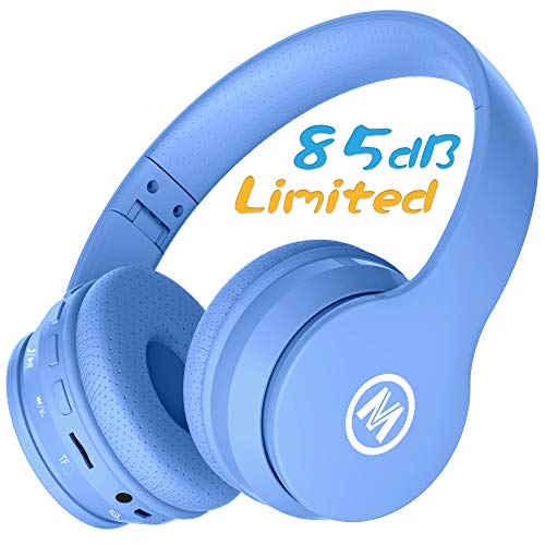 Product Cover Mokata Volume Limited 85dB Kids Headphone Bluetooth Wireless Over Ear Foldable Stereo Sound Noise Protection Headset with AUX 3.5mm Cord Microphone for Boys Girls Cellphone Pad TV PC Notebook Blue