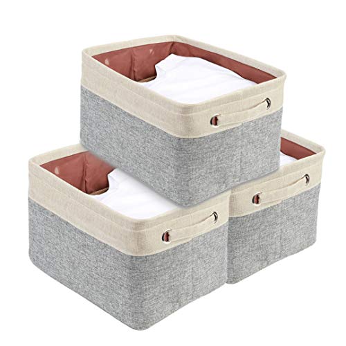 Product Cover DECOMOMO Extra Large Foldable Storage Bin [3-Pack] Collapsible Sturdy Cationic Fabric Storage Basket Cube W/Handles for Organizing Shelf Nursery Home Closet & Office - Grey & Beige 15.8 x 12.5 x 10