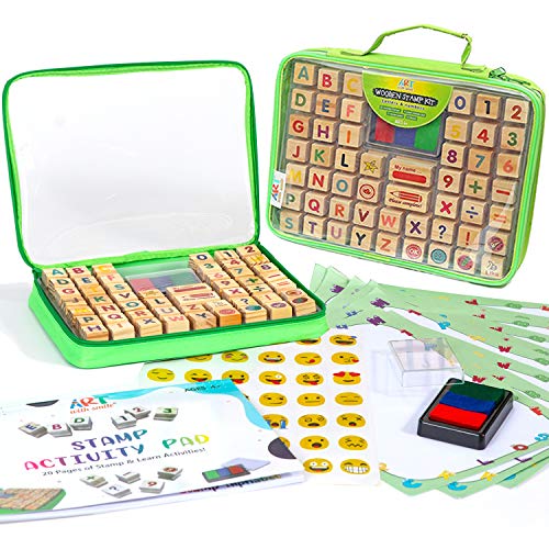 Product Cover Art with smile Wooden Stamp Set for Kids with Alphabet Stamps and Carry Case - Letters, Numbers, Emojis, 3-Color Washable Ink Pad, Activity Book, More - ABC 123 Stamps for Kids and Teachers