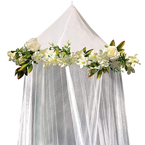 Product Cover Bobo and Bee -  Enchanted Bed Canopy Mosquito Net For Girls, Kids, Baby, With Detachable Cream Rose and Ivy Garland - Twin Size, White with Satin Trim - Perfect Boho Woodland Nursery Decor