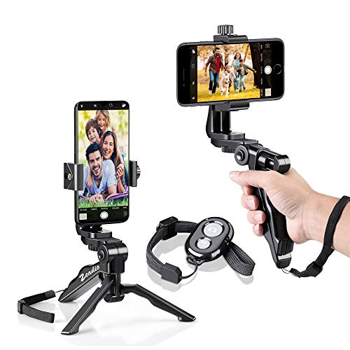 Product Cover Zeadio Bluetooth Mini Smartphone Tripod Grip Stabilizer, Desktop Tabletop Stand Tripod with Phone Holder and Wireless Remote for iPhone Samsung Huawei and All Phones
