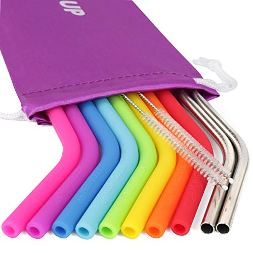 Product Cover REGULAR SIZE Reusable Straws for 30 oz Tumbler & Stainless Steel Straws Bundle - 8 Silicone Straws + 2 Brushes + 2 Metal Straws - Reusable Straws Extra Long + 1 Storage Pouch