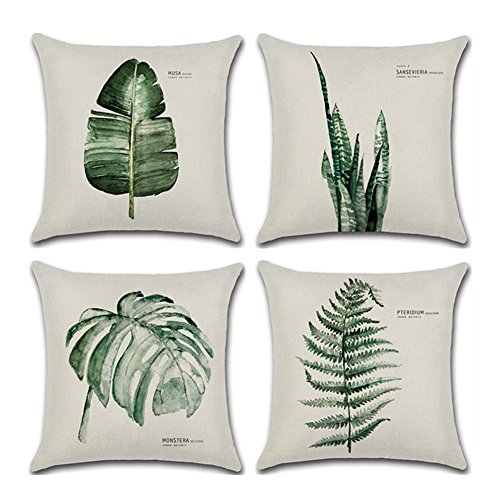 Product Cover Aremazing Throw Pillow Covers Tropical Green Leaf Plant Dercorative Cotton Linen Throw Pillow Case Cushion Cover Protector 18 x 18 Inches for Home Sofa Couch,Set of 4 (4 Pack Green Fern)