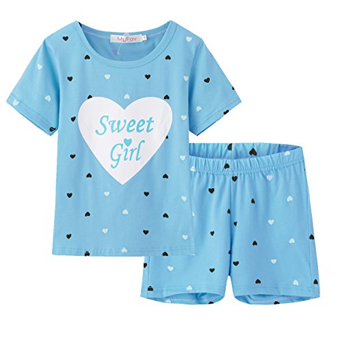 Product Cover MyFav Big Girls Summer Pajama Set Heart Shape Printed Cute Sleepwear Shorts