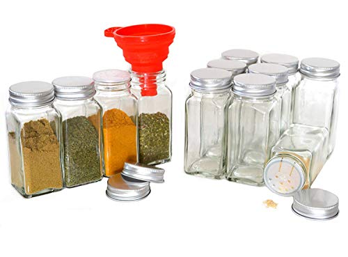 Product Cover Clear Glass Spice Jars, 4 Oz Square with Silicon Funnel - Case of 12