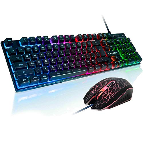 Product Cover FLAGPOWER Gaming Keyboard and Mouse Combo, Rainbow Backlit Mechanical Feeling Keyboard with 4 Colors Breathing LED Backlight Mouse for PC, Laptop, Computer