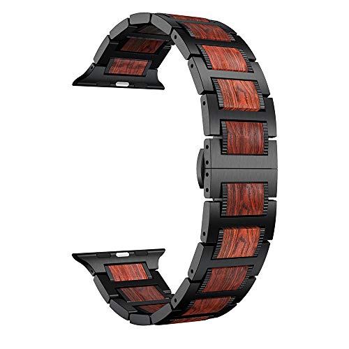 Product Cover LDFAS Compatible for Apple Watch Band 44mm/42mm, Natural Wood Red Sandalwood Black Stainless Steel Metal Link Bracelet Strap Compatible for Apple Watch Series 5/4/3/2/1