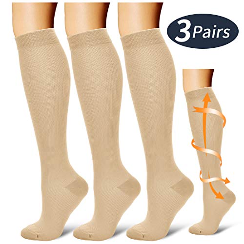 Product Cover Compression Socks,(3 pairs) Compression Sock for Women & Men - Best For Running, Athletic Sports, Crossfit, Flight Travel - Suits Nurses, Maternity Pregnancy, Shin Splints - Below Knee High, Nude, S/M
