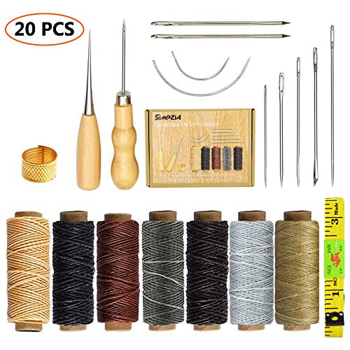Product Cover SIMPZIA 20 Pieces Leather Craft Tools with Hand Sewing Needles Drilling Awl Waxed Thread and Thimble for Leather Upholstery Carpet Canvas DIY Sewing