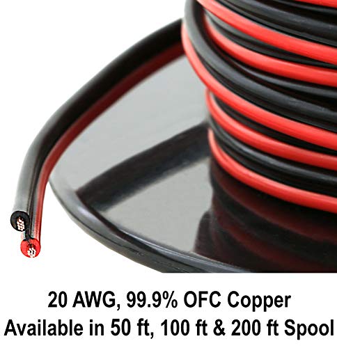 Product Cover 20 Gauge (AWG American Wire Ga) 99.9% OFC Stranded Oxygen Free Copper 100' Red & 100' Black Bonded Zip Cord Power Speaker Cable for Car Audio Home Stereo LED Light (Also Available in 50 & 200ft Roll)