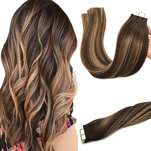 Product Cover Googoo Multi Colored Remy Hair Extensions Tape in Chocolate Brown to Caramel Blonde Mixed Brown Balayage Straight Skin Weft Tape in Human Hair Extensions 16 inch 20pcs 50g