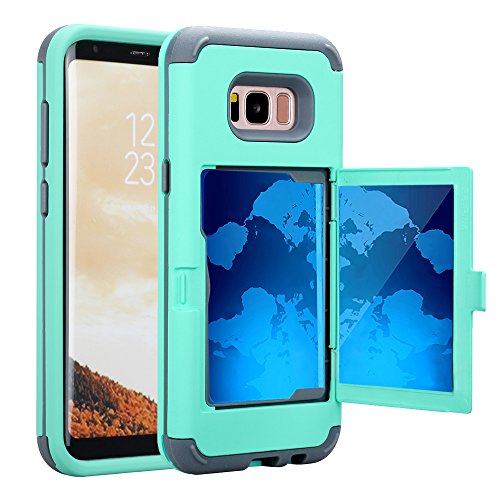Product Cover TabPow Galaxy S8 Case, Hidden Door Slim Wallet Case, Fits 2 Cards and Cash, Reinforced Drop Bumper Protection, Open Mirror, Front Frame Screen Protection for Samsung Galaxy S8 (2017) -Turquoise Blue