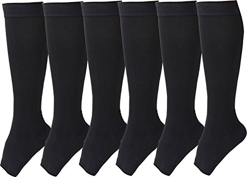 Product Cover SKUNDU Open Toe Toeless Compression Socks 6 Pairs For Women Men 15-20 mmHg Calf Support Compression Sleeve (L/XL, Black)