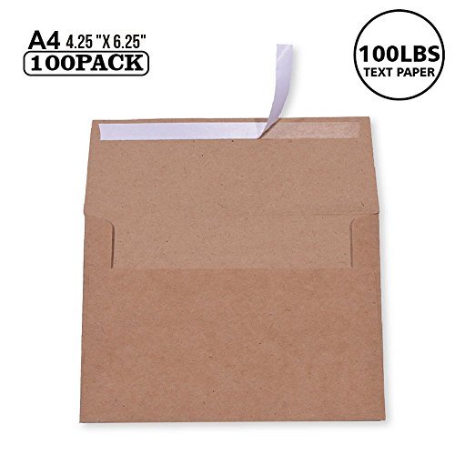 Product Cover WAN 100 Pack, Size A4, 100lbs Brown Kraft Paper 4 x 6 Envelopes - For 4x6 CardsSelf SealPerfect Weddings, Invitations, Baby ShowerStationery General, Office4.25 6.25 inches (A4)