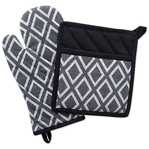 Product Cover DII Cotton Heat Resistant Kitchen Pot Holder and Oven Mitt Set Farmhouse Chic Geometric Design, Machine Washable for Every Home, (Potholder 8x8.5, Ovenmitt 6.5x12), Diamond