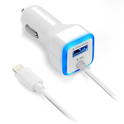 Product Cover Apple Certified iPhone Lightning Car Charger for iPhone 11, X, XR, XS, 8, 8 Plus, 7, 7 Plus, 6S, 6S Plus, 6 Plus, SE, 5S, iPad Pro, Air 2, Mini 4 with Extra USB Port (White)