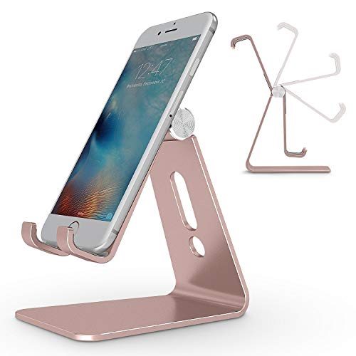 Product Cover Adjustable Cell Phone Stand, OMOTON Aluminum Desktop Cellphone Stand with Anti-Slip Base and Convenient Charging Port, Fits All Smart Phones, Rose Gold