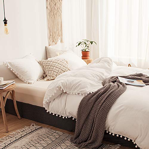 Product Cover MOVE OVER 3 Pieces White Bedding Offwhite Duvet Cover Set Ball Fringe Pattern Design Soft Off White Bedding Sets Queen 1 Duvet Cover 2 Ball Lace Pillow Shams (Queen, Offwhite)