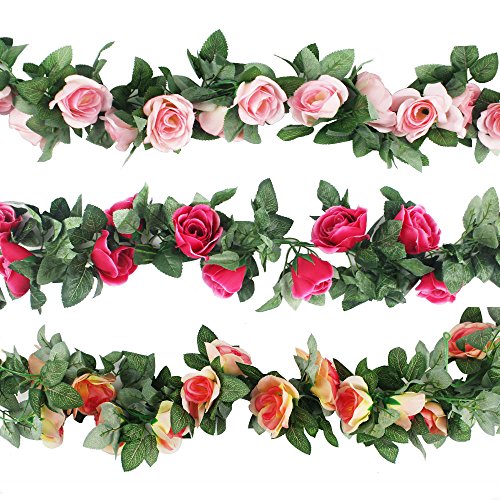 Product Cover CEWOR 3pcs 22.6 Feet Fake Rose Vine Artificial Flower Garland for Wedding Home Party Garden Decoration Champagne, Pink and Hot Pink