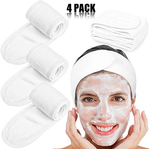 Product Cover Spa Facial Headband Whaline Head Wrap Terry Cloth Winter Headband 4 counts Stretch Towel with Magic Tape for Bath, Makeup and Sport (White)