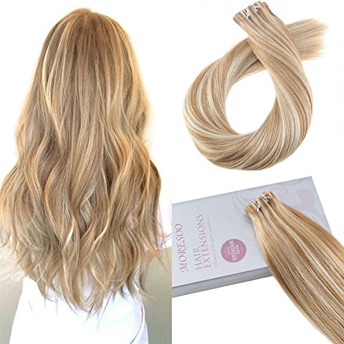 Product Cover Moresoo 16 Inch Tape in Real Human Hair Extensions Seamless Skin Weft Hair Color #27 Blonde Mixed with #613 Bleach Blonde Glue Hair Extensions Human Hair 50G/20PCS