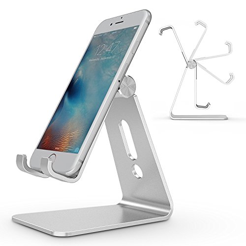 Product Cover Adjustable Cell Phone Stand, OMOTON Aluminum Desktop Cellphone Stand with Anti-Slip Base and Convenient Charging Port, Fits All Smart Phones, Silver