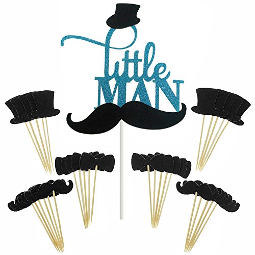 Product Cover Shxstore Little MAN Cake Topper Mini Mustache Hat Bowtie Cupcake Picks For Baby Shower Birthday Party Decorations Supplies, 31 Counts