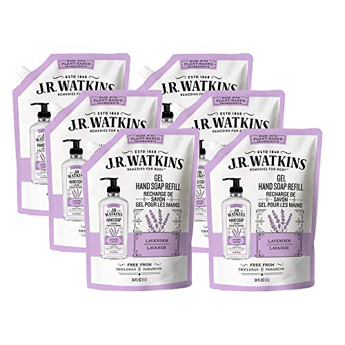 Product Cover JR Watkins Gel Hand Soap Refill Pouch, Lavender, 6 Pack, Scented Liquid Hand Wash for Bathroom or  Kitchen, USA Made and Cruelty Free, 34 fl oz