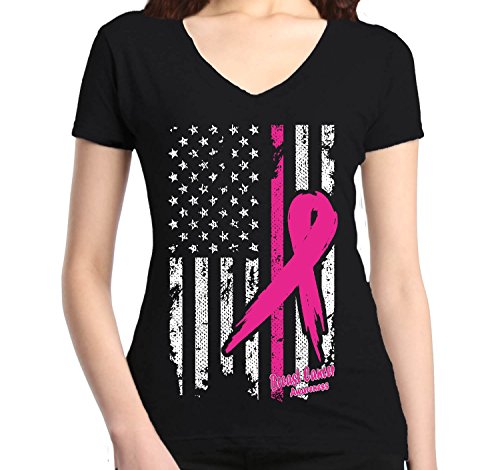 Product Cover shop4ever Pink Breast Cancer Ribbon American Flag Women's V-Neck T-Shirt Slim FIT