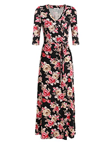 Product Cover Zeagoo Women Faux Wrap Tie Waist Maxi Dress V Neck 3/4 Sleeve Floral Dress