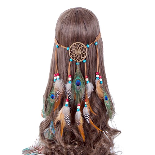 Product Cover Hippie Headband Feather Dreamcatcher Headdress - AWAYTR New Fashion Boho Headwear Native American Headpiece Hippie Clothes Peacock Feather Hair Accessories