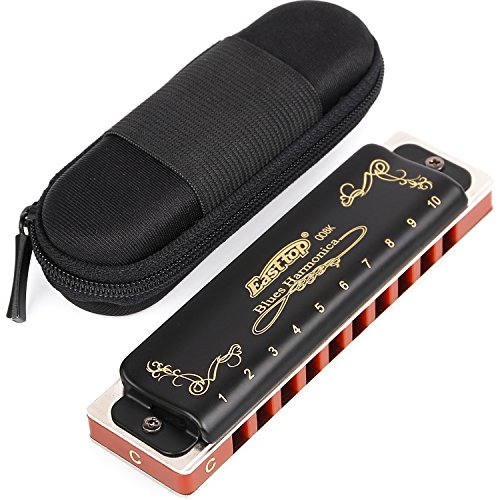 Product Cover Harmonica Key of C 10 Hole 20 Tone Harmonica C Blues with Case Top Grade Heavy Duty for Professional Player,Beginner,Students,Children,Kids Gift(East Top)- Black