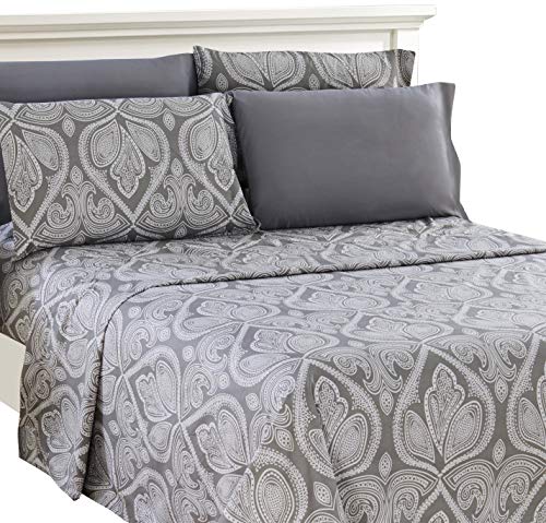 Product Cover Lux Decor Collection Bed Sheet Set - Brushed Microfiber 1800 Bedding - Wrinkle, Stain and Fade Resistant - Hypoallergenic - 6 Piece (Queen, Paisley Grey)