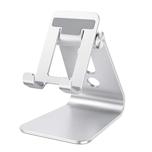 Product Cover Cell Phone Stand Adjustable, OMOTON Aluminum Desktop Phone Holder Cradle Dock Compatible with All Smartphone iPhone 11 Pro Max Xs Xr X 8 7 6 6s Plus 5 5s 5c, Silver