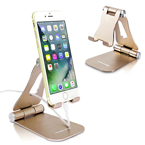 Product Cover Cell Phone Stand Foldable YoShine Aluminum Phone Holder Phone Stand and Cable Organizer for Charging Desktop Cell Phone Holder Adjustable Phone Stand Dock for iPhone iPad/Mini Samsung Tablets - Gold