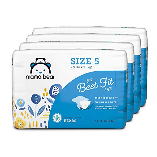 Product Cover Amazon Brand - Mama Bear Best Fit Diapers Size 5, 124 Count, Bears Print (4 packs of 31) [Packaging May Vary]