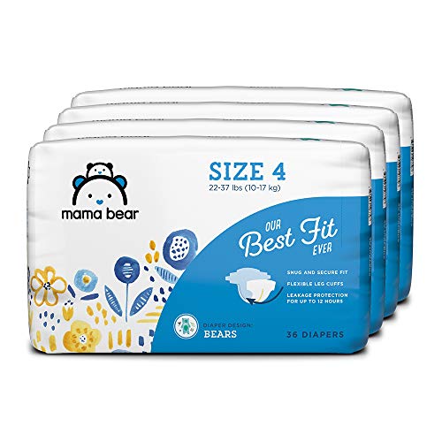 Product Cover Amazon Brand - Mama Bear Best Fit Diapers Size 4, 144 Count, Bears Print (4 packs of 36) [Packaging May Vary]