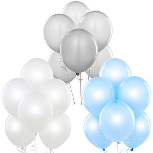 Product Cover Pearl White, Metallic Silver, Pearl Baby Blue 12 Inch Pearlescent Thickened Latex Balloons, Pack of 72, Pearlized Premium Helium Quality for Wedding Bridal Baby Shower Birthday Party Decoration Supply