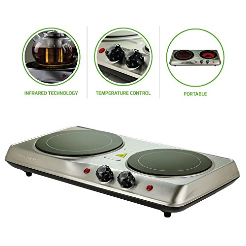 Product Cover Ovente Electric Glass Infrared Burner 7 Inch Double Hot Plate with Temperature Control, 1000 Watts, Fire Resistant Metal Housing, Indicator Light, Compact and Portable, Silver (BGI102S)