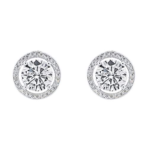 Product Cover Cate & Chloe Ariel 18k White Gold Plated Halo CZ Stud Earrings, Silver Simulated Diamond Earrings, Round Cut Earring Studs, Best Gift Ideas for Women, Girls, Ladies, Special-Occasion Jewelry