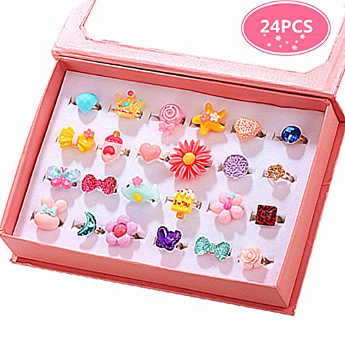 Product Cover PinkSheep Little Girl Jewel Rings in Box, Adjustable, No Duplication, Girl Pretend Play and Dress Up Rings (24 Lovely Ring)