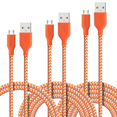 Product Cover Fasgear Micro USB Cables, 3 Pack-3ft,6ft,10ft Quick Charge USB 2.0 to Micro USB Charger Braided Compatible for Galaxy S7 Edge S6 S5, HTC, LG, Android Smartphone, Xbox, Fire Kindle and More (Orange)