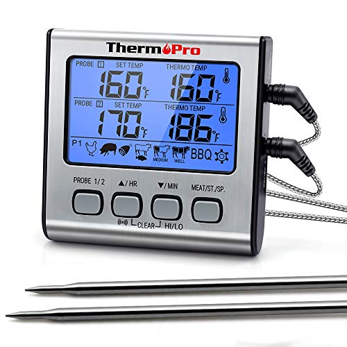 Product Cover ThermoPro TP-17 Dual Probe Digital Cooking Meat Thermometer Large LCD Backlight Food Grill Thermometer with Timer Mode for Smoker Kitchen Oven BBQ, Silver