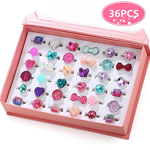 Product Cover PinkSheep Little Girl Jewel Rings in Box, Adjustable, No Duplication, Girl Pretend Play and Dress Up Rings (36 Jewel Ring)