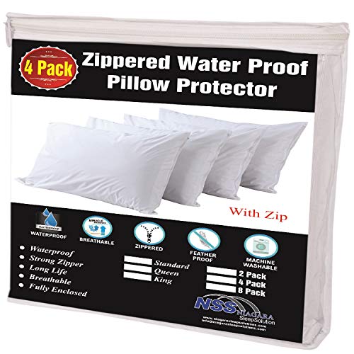 Product Cover Niagara Sleep Solution 4 Pack Waterproof Pillow Protectors Anti Allergy Standard 20x26 Inches Life Time Replacement Smooth Zipper Premium Encasement Covers Quiet Cases Set White 100% Liquid Guard