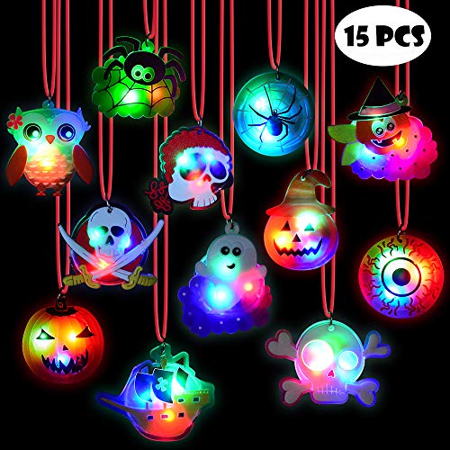 Product Cover BUDI 15Pc Halloween LED Necklaces Party Favors For Kids and Adults with Gift Package Halloween Light up toys Treat Bag Fillers